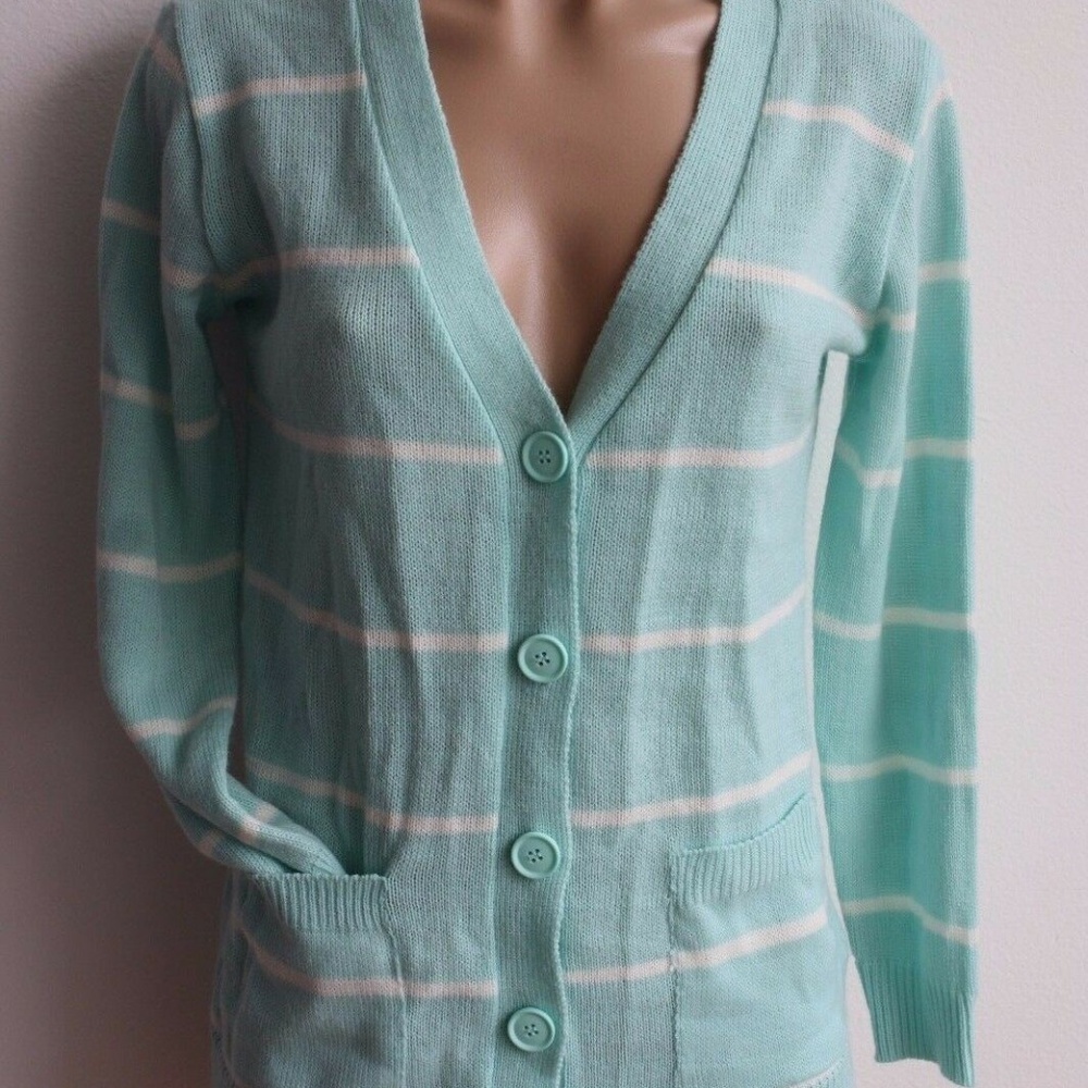 Mint and White Striped Cardigan Sweater